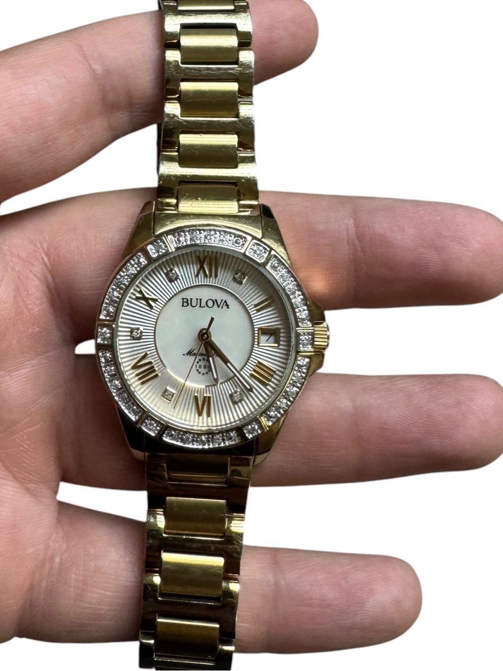 Bulova Gold Tone Crystal Accent Women's Bracelet Watch with White Dial